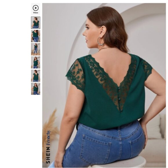 French Style Plus Size Embroidered Mesh V Neck Blouse, Dark Green, 2X / 3X - Picture 5 of 8